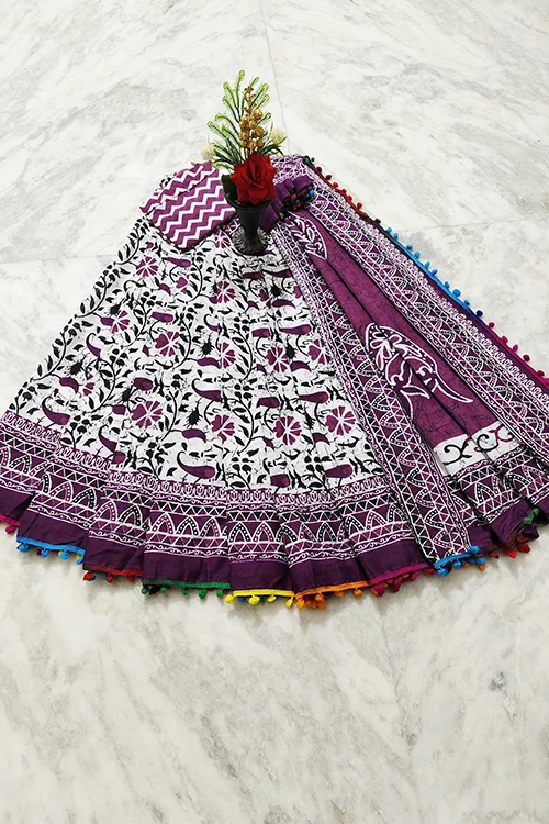 Royal Purple Hand block Printed Cotton Saree with Multicolor Tassel Detailing Saree with Festive wear saree