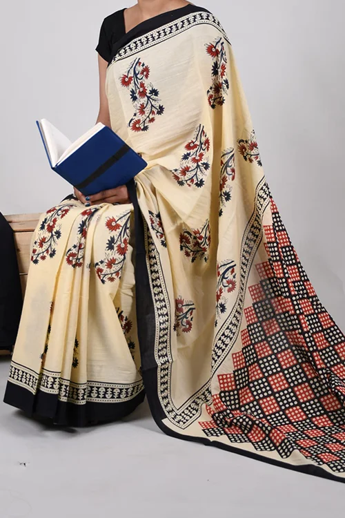 Hand block Printed Cream Cotton Saree with Black & Red Floral & Check Patterns