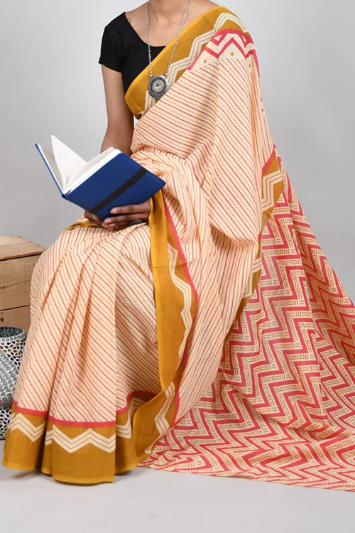 Elegant Mustard & Pink Zigzag Hand Block Printed Cotton Saree