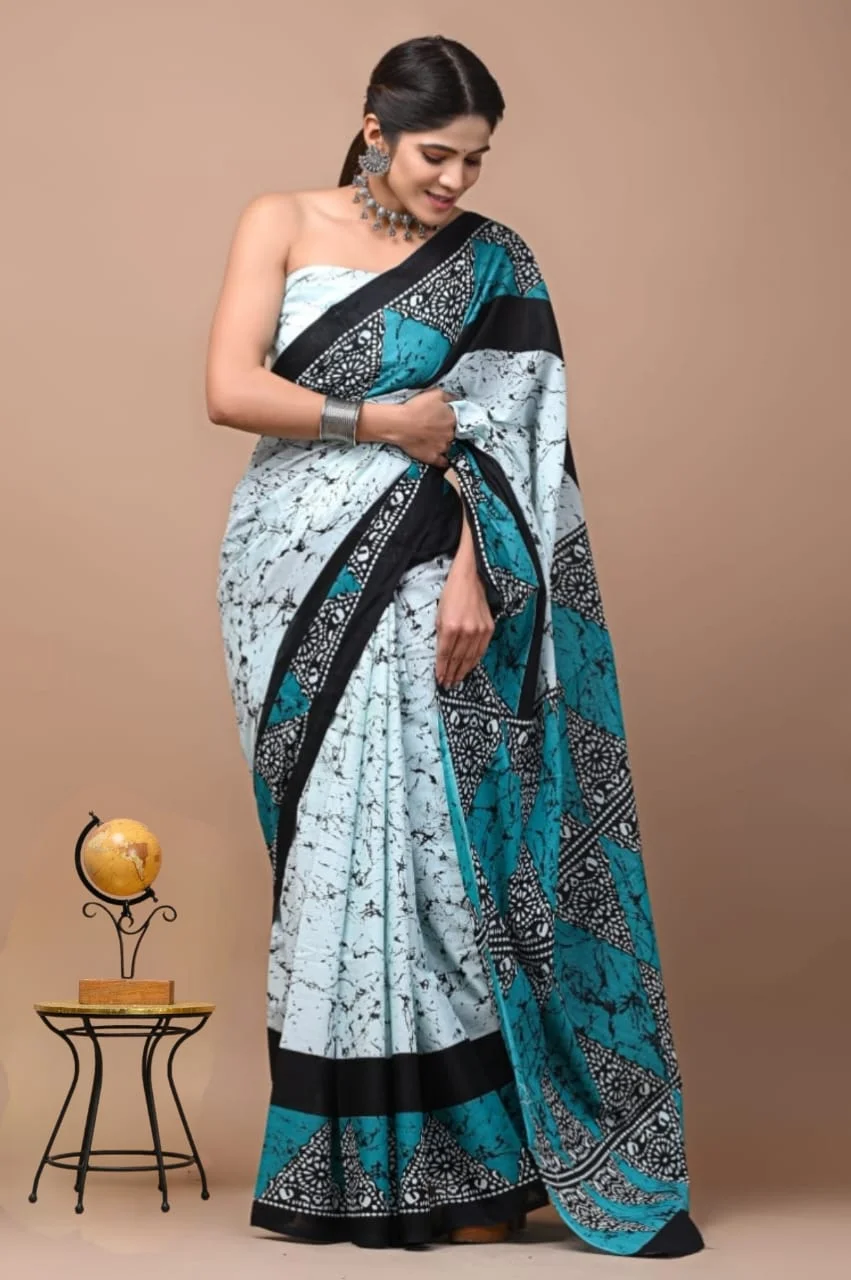 Exclusive 100% Pure Malmal Cotton Saree with Blouse Neutral Print Turquoise Blue