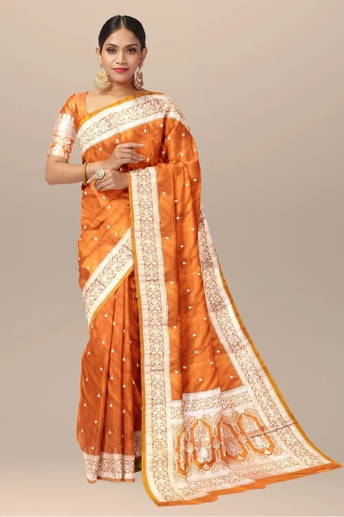 Radiant Orange-Yellow Pure Mushroom Silk Partywear Saree with Unstitched Blouse Piece
