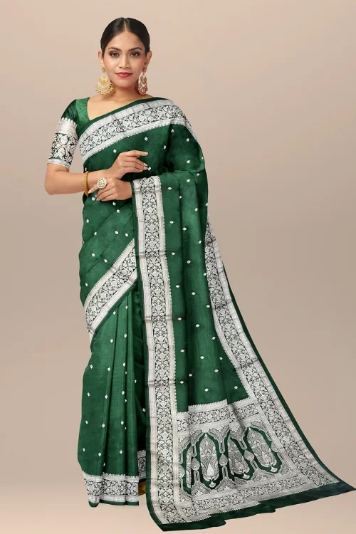 Exquisite Green Pure Mushroom Silk Partywear Saree with Unstitched Blouse Piece