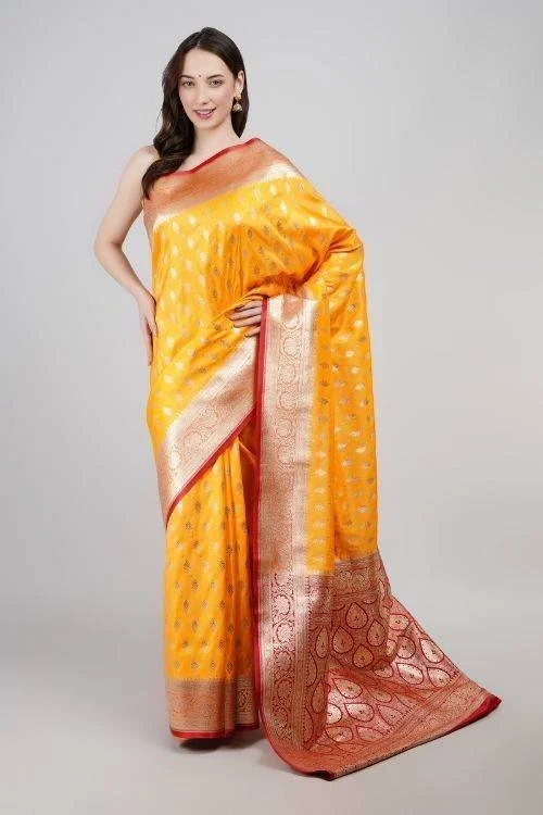Yellow Banarasi Saree with Gleaming Zari Border & Matching Blouse Piece