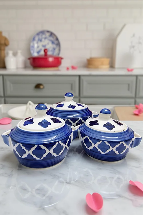 Set of 3 Blue Pottery Ceramic Bowls with Lids 1200 ml Each | Handcrafted for Serving, Storage & Gifting