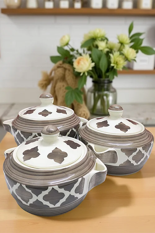 Gray Hand-Painted Ceramic Serving Dinner Set with Lids Set of 3 (1200 ml each) | Large, Elegant & Functional