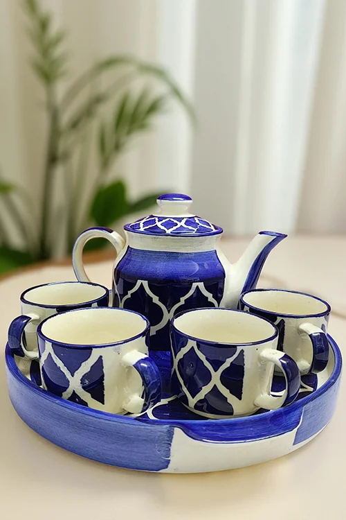 Handcrafted Blue & White Moroccan Ceramic Tea Set – Elegant Blue Pottery