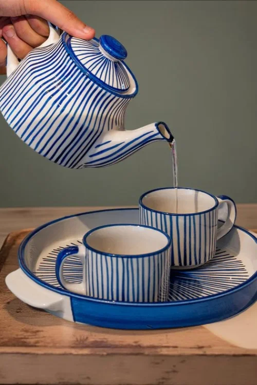 Hand-Painted Blue and White Ceramic Tea Pot Set with Tray – Traditional Blue Pottery Elegance