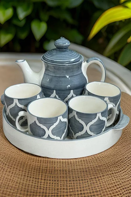 Hand-Painted Gray and White Moroccan Ceramic Tea Set – Traditional Design
