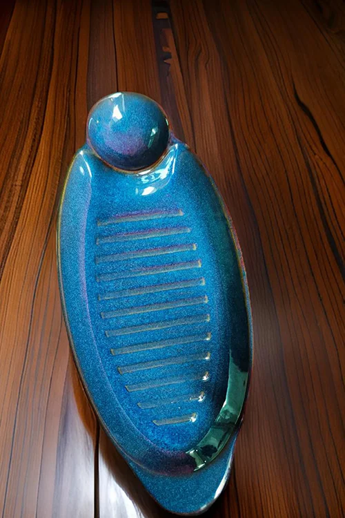 Iridescent Blue Ceramic Ginger Grater Platter with Rounded Dip Bowl