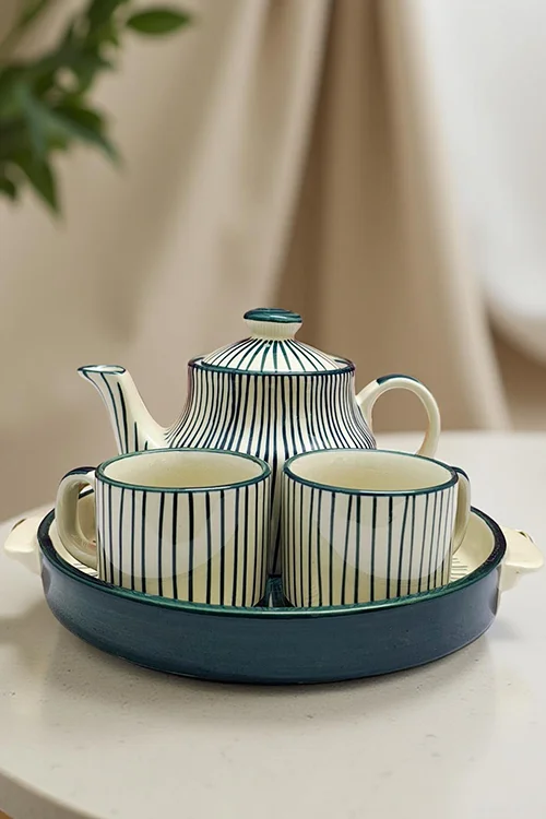 Hand-Painted Ceramic Tea Set – Elegant White Kettle with Green String Art & Tray