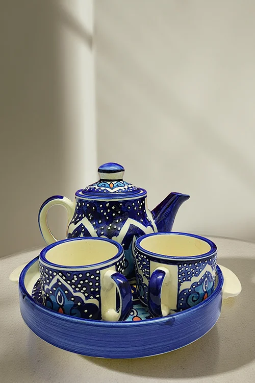 Handcrafted Blue Pottery Tea Set – Premium Ceramic Kettle, Cups & Tray