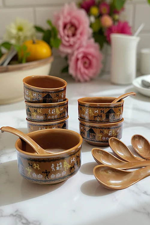 Handcrafted Terracotta Soup Bowl Set with Spoons – Warli Art Design