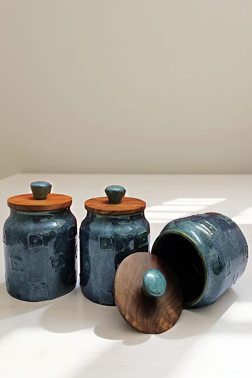 Textured Blue Ceramic Jar Set with Wooden Lids