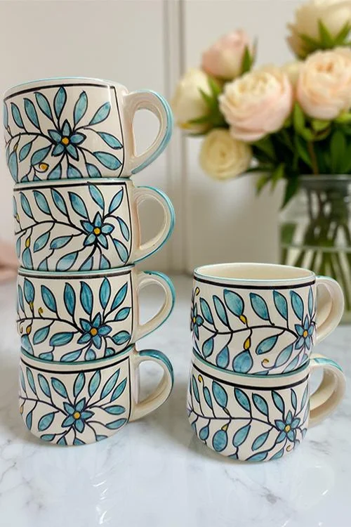 Hand-Painted Ceramic Tea Cup Set – Blue Floral & Leaf Design