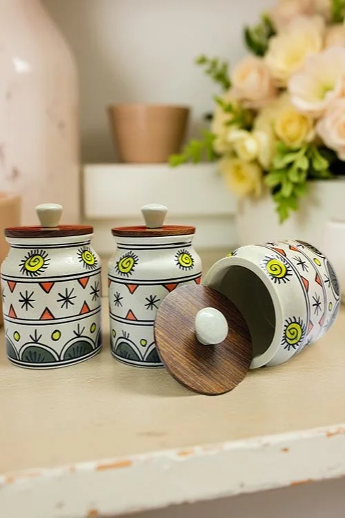 Hand-Painted Ceramic Pickle & Condiment Set Pack of 3 (450 ml each) with Wooden Airtight Lids