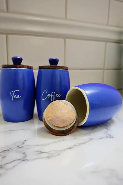 Blue Ceramic Tea, Coffee, Sugar Kitchen Container Set with Wooden Lid