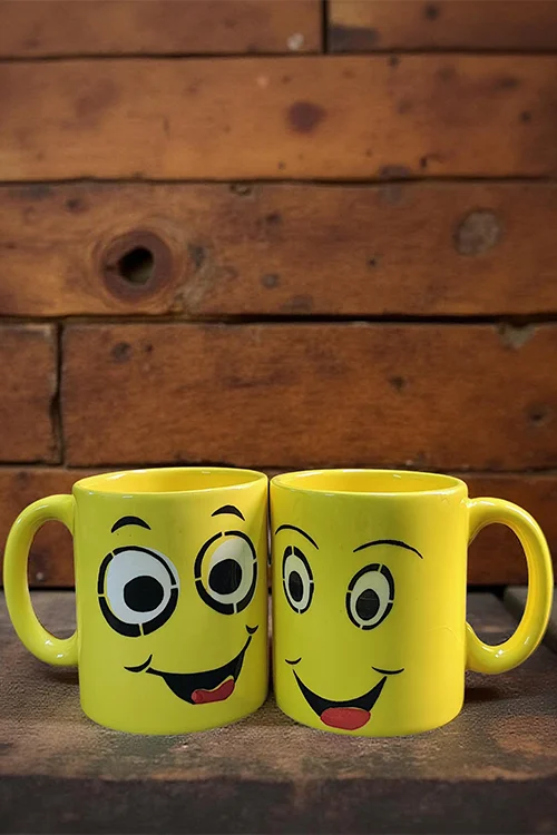 Set of 2 Yellow Ceramic Coffee Mugs Handcrafted Smiling Face Design (225 ml Each) | Fun Gift for Coffee Lovers