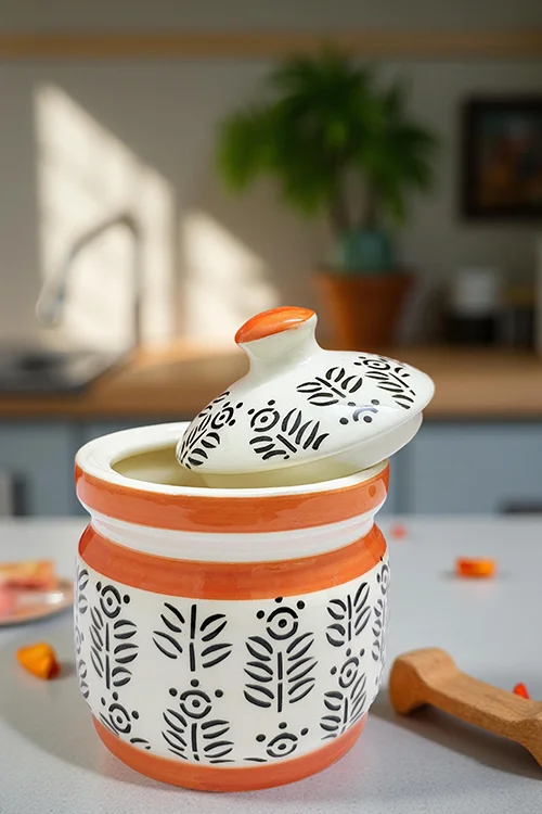 Boho Chic Ceramic Pickle Jar with Lid – Hand painted Terracotta Accent