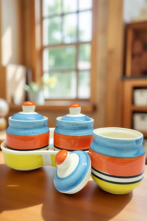 Handcrafted Multicolor Ceramic Pickle Jar Set and Condiments Set (200 ml Each) | Ideal Gift for Home & Kitchen
