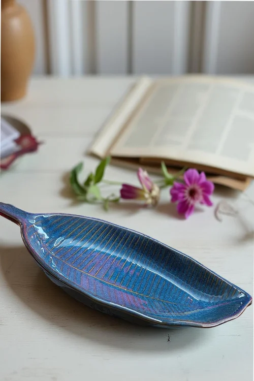 Leaf-Shaped Ceramic Serving Platter Blue Glossy Finish | Elegant Tableware for Snacks & Starters