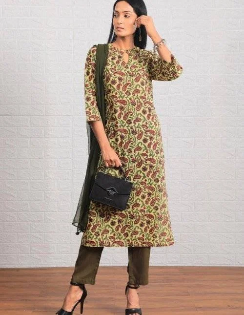 Light Green Pure Cotton Printed kurta set with Dupatta