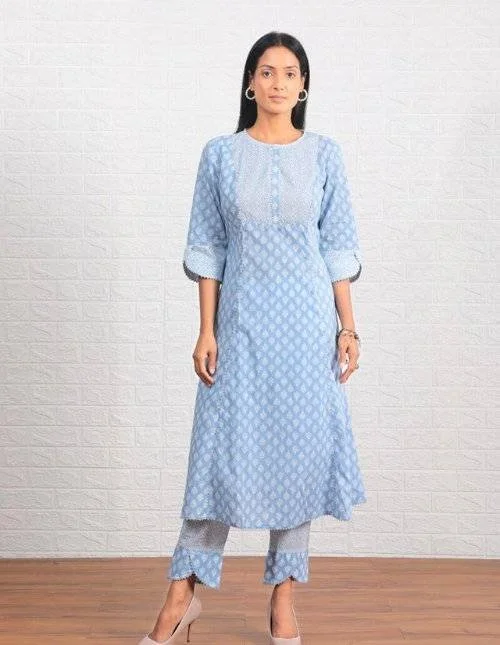 Blue Pure Cotton Printed Kurta Set with Dupatta | 3-Piece Ethnic Cotton Suit for Women