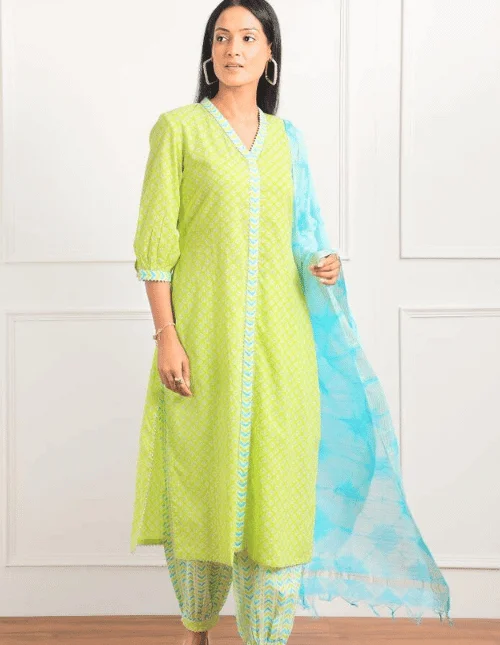 Lemon Pure cotton Printed kurta set with Dupatta