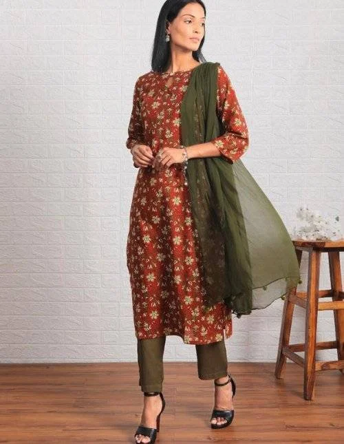 Maroon Pure cotton Printed kurta set with Dupatta