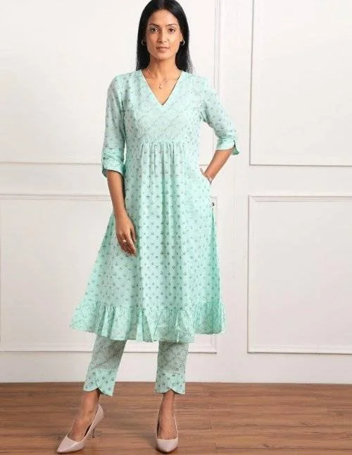 Light Blue Pure cotton Printed kurta set with Dupatta