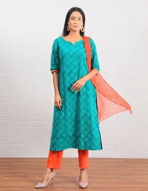 Teal Pure cotton Printed kurta set with Dupatta