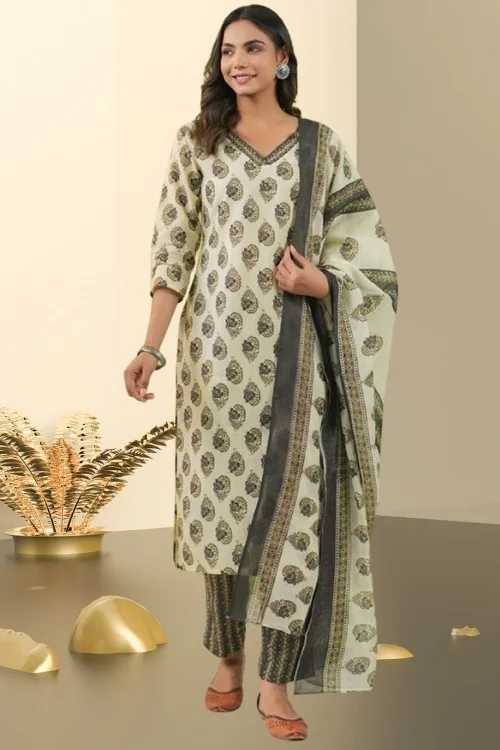 Black and White Readymade Cotton Printed Kurta Set with Dupatta