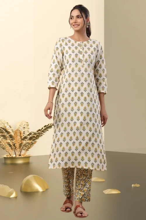 Elegant White Cotton Printed Readymade Kurta Set for Women