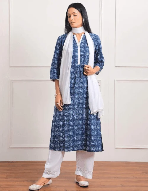 Blue Pure Cotton Printed kurta set with Dupatta