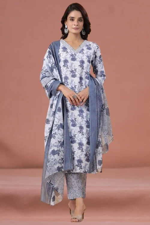 Blue Cotton Printed V-Neck Kurta Set with Dupatta