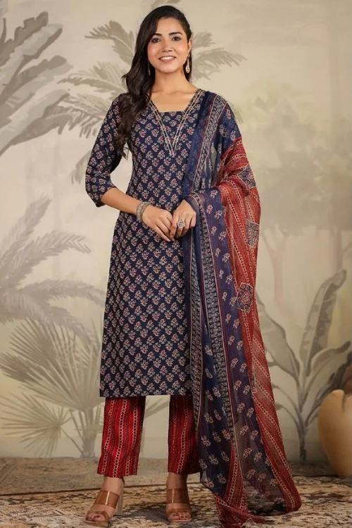 Blue, Red Women Cotton Printed Kurta Set with Dupatta