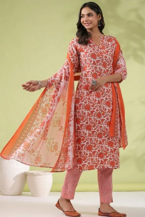 Orange Readymade Cotton Printed Kurta Set with Dupatta for Women