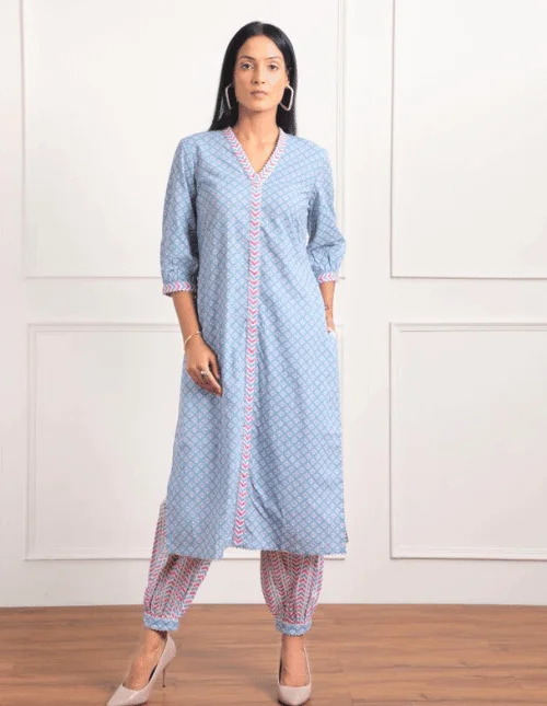 Sky Blue Pure cotton Printed kurta set with Dupatta