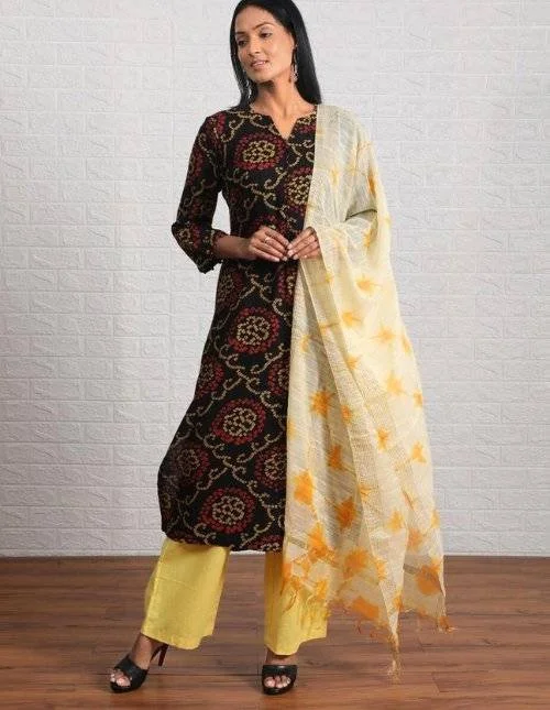 Black Pure Cotton Printed Kurta Set with Dupatta | Elegant 3-Piece Ethnic Wear for Women