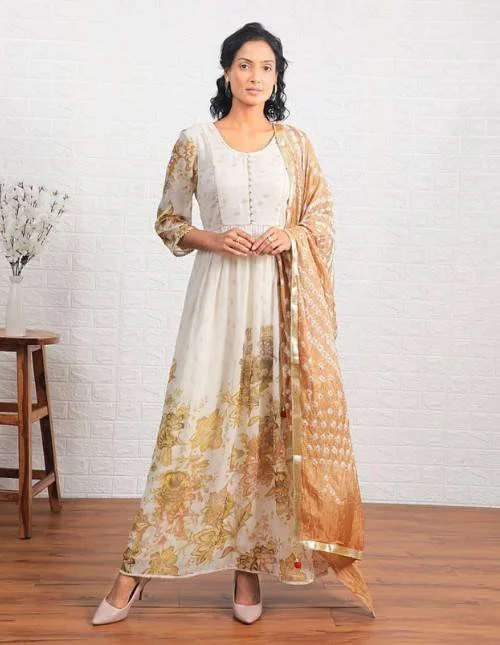 Pure Georgette Printed Long Anarkali Style One Piece Suit with Dupatta