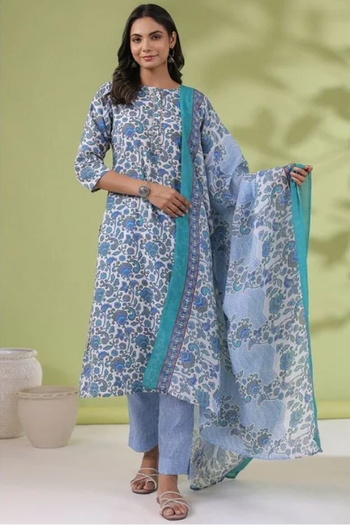 Graceful Blue Cotton Kurta Set with Dupatta for Women – Elegant & Comfortable Ethnic Wear