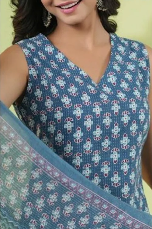 Blue Readymade Cotton Printed Sleeveless Kurta Set with Dupatta for Women