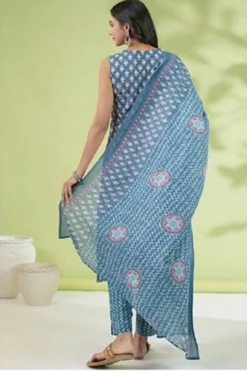 Blue Readymade Cotton Printed Sleeveless Kurta Set with Dupatta for Women