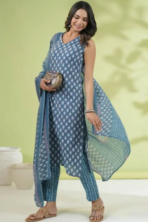 Blue Readymade Cotton Printed Sleeveless Kurta Set with Dupatta for Women