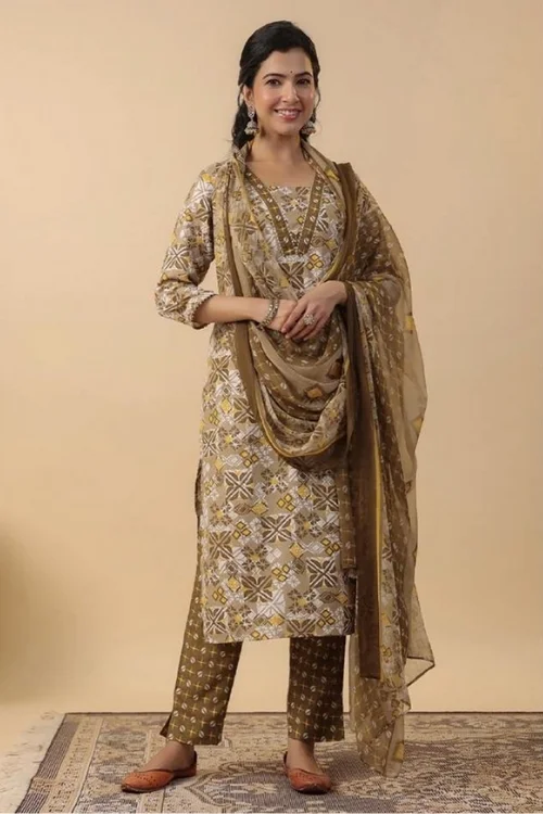 Graceful Brown Cotton Printed Kurta Set with Dupatta – Effortless Elegance