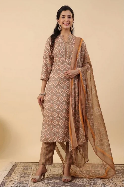 Brown Readymade Cotton Printed Kurta Set with Dupatta for Women