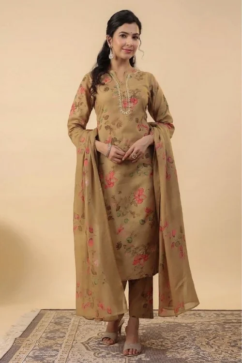 Regal Golden Cotton Printed Kurta Set with Dupatta