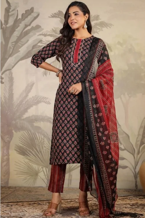 Printed Black Cotton Kurta Set with Dupatta