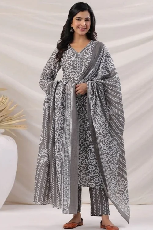 Graceful Gray Readymade Cotton Kurta Set with Dupatta – Effortless Elegance & Comfort