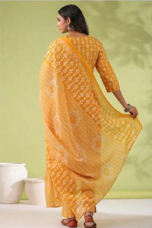 Yellow Readymade Cotton Printed Kurta Set with Dupatta for Women