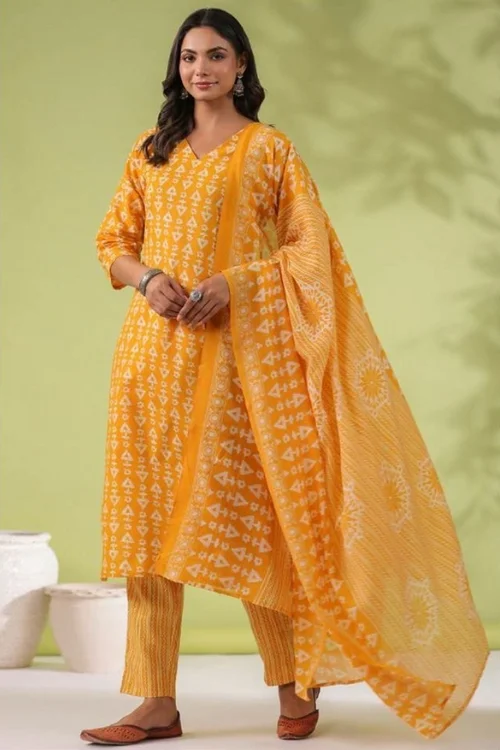 Yellow Readymade Cotton Printed Kurta Set with Dupatta for Women